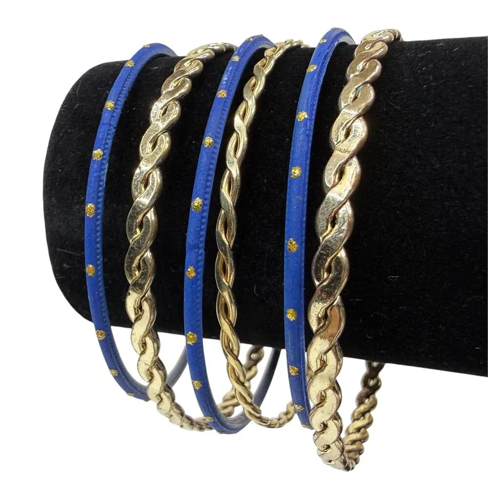 6 PC Blue Gold Tone Braided Twisted Smooth Bangle Bracelet Fashion Jewelry 7.5 